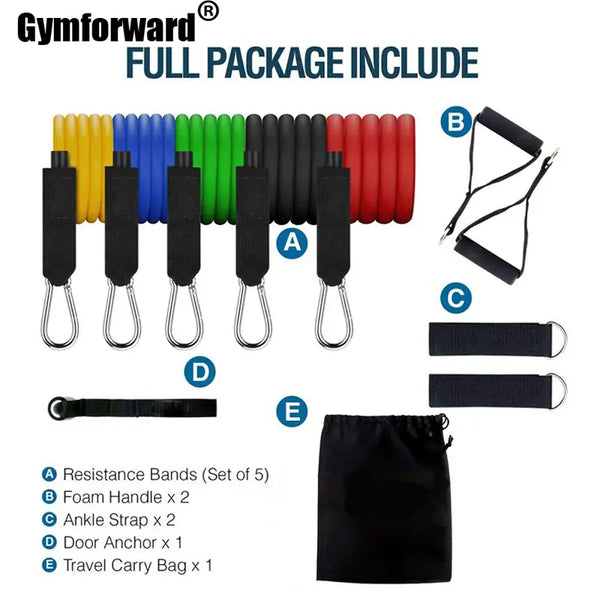 11 Pc Resistance Band Set 5 Level Elastic Exercise Bands for Home Gym Workouts